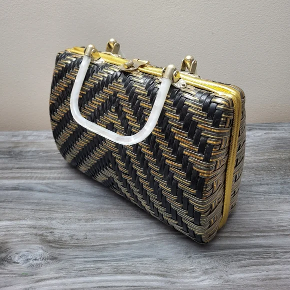 Vintage Stylecraft Black Gold Woven Plastic Handbag MCM - Picture 1 of 12